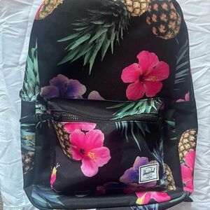 Herschel Supply Company Black Backpack with Pink Floral and Pineapple Design